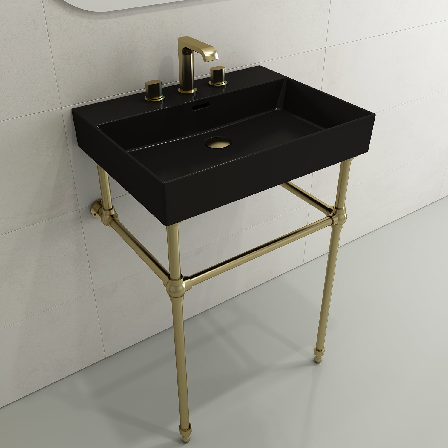 BOCCHI Milano 24" Rectangle Wallmount Fireclay Bathroom Sink, Matte Black, 3 Faucet Hole, 1376-004-0127