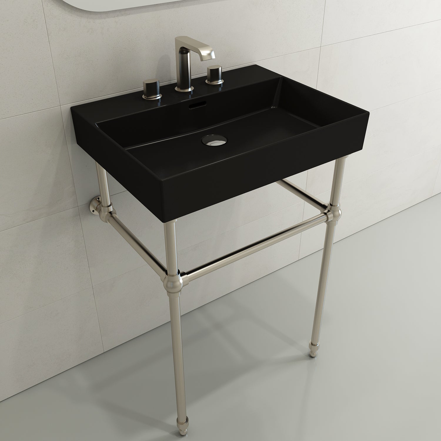 BOCCHI Milano 24" Rectangle Wallmount Fireclay Bathroom Sink, Matte Black, 3 Faucet Hole, 1376-004-0127
