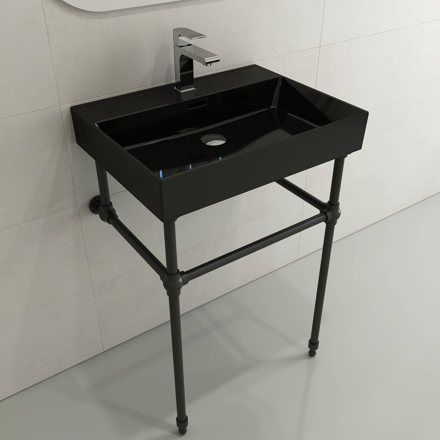 BOCCHI Milano 24" Rectangle Wallmount Fireclay Bathroom Sink, Black, Single Faucet Hole, 1376-005-0126