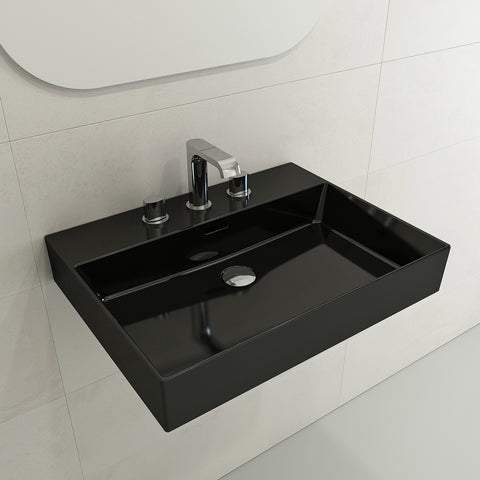 BOCCHI Milano 24" Rectangle Wallmount Fireclay Bathroom Sink, Black, 3 Faucet Hole, 1376-005-0127