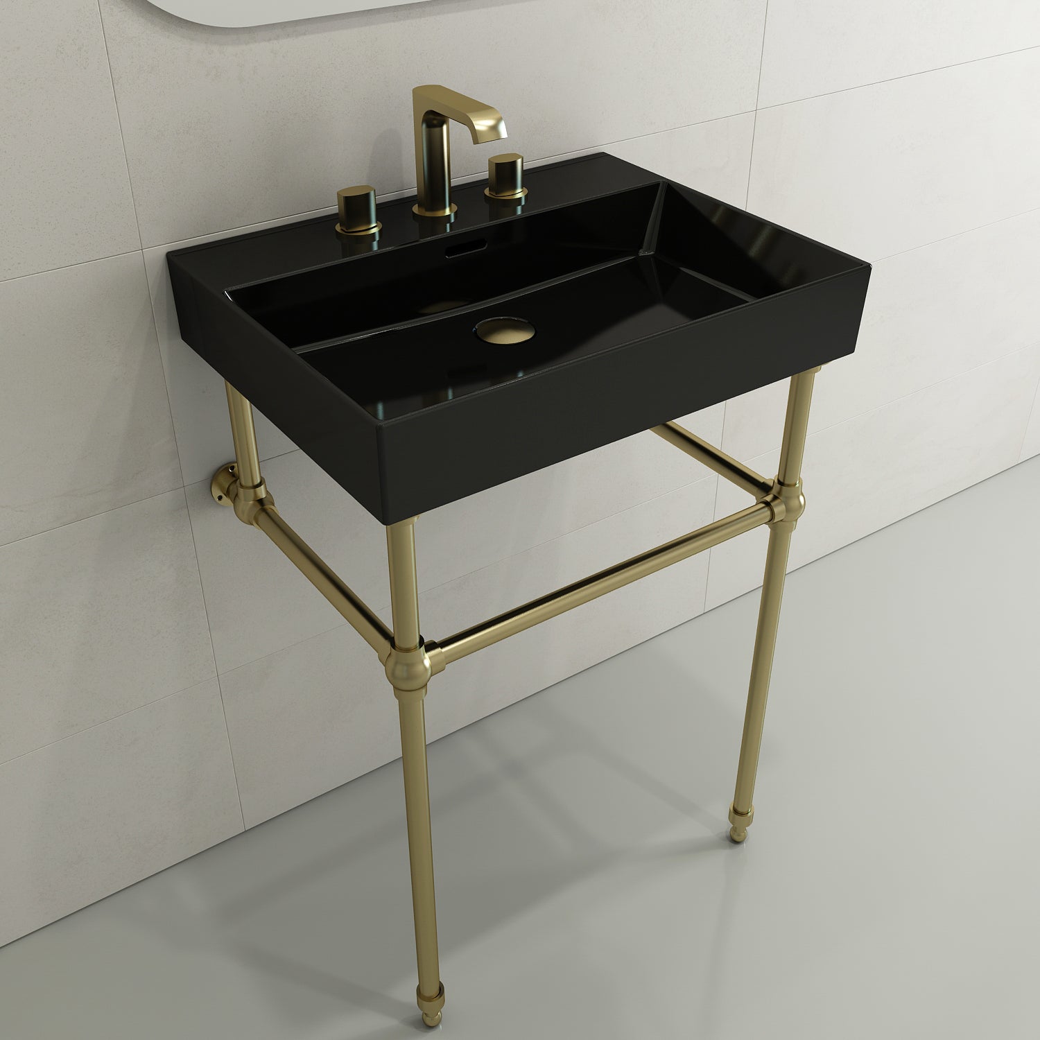 BOCCHI Milano 24" Rectangle Wallmount Fireclay Bathroom Sink, Black, 3 Faucet Hole, 1376-005-0127