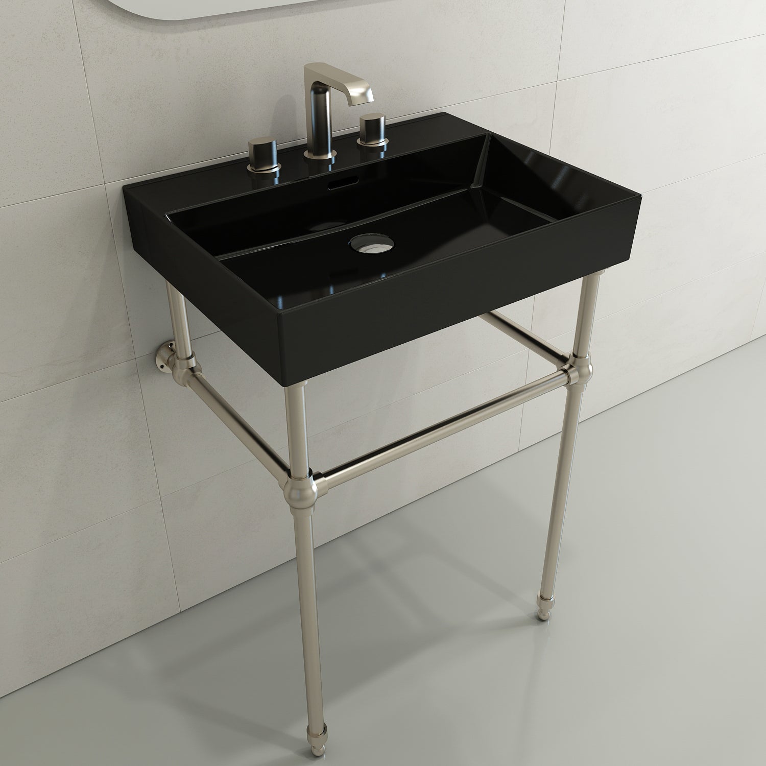 BOCCHI Milano 24" Rectangle Wallmount Fireclay Bathroom Sink, Black, 3 Faucet Hole, 1376-005-0127