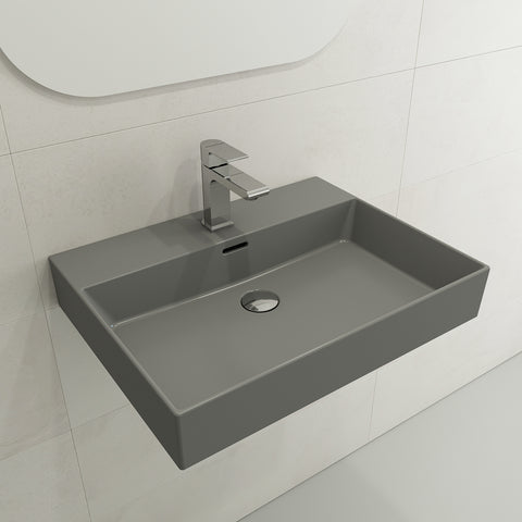 BOCCHI Milano 24" Rectangle Wallmount Fireclay Bathroom Sink, Matte Gray, Single Faucet Hole, 1376-006-0126