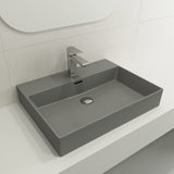 BOCCHI Milano 24" Rectangle Wallmount Fireclay Bathroom Sink, Matte Gray, Single Faucet Hole, 1376-006-0126