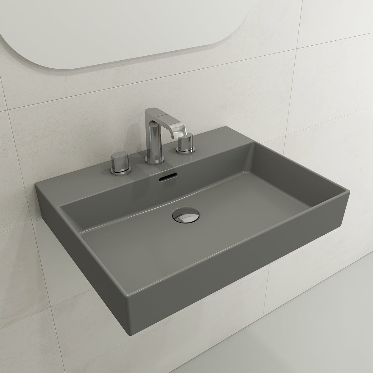 BOCCHI Milano 24" Rectangle Wallmount Fireclay Bathroom Sink, Matte Gray, 3 Faucet Hole, 1376-006-0127