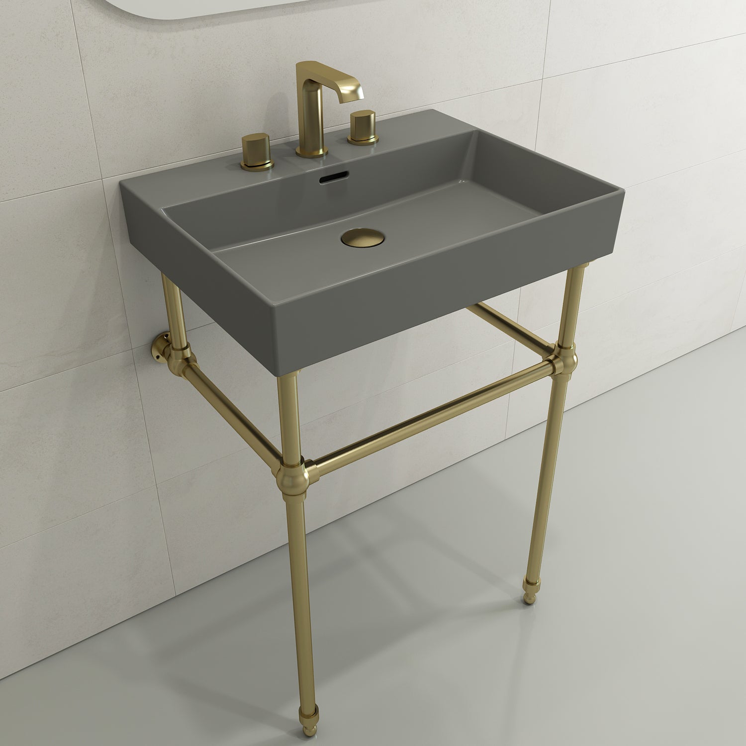 BOCCHI Milano 24" Rectangle Wallmount Fireclay Bathroom Sink, Matte Gray, 3 Faucet Hole, 1376-006-0127
