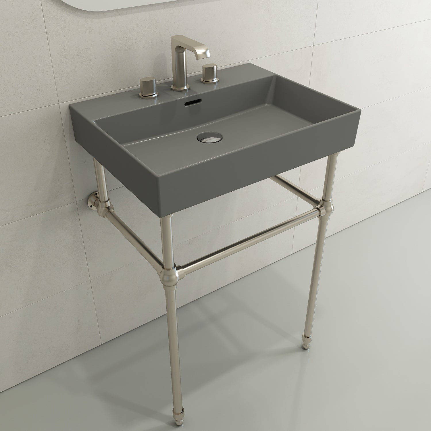 BOCCHI Milano 24" Rectangle Wallmount Fireclay Bathroom Sink, Matte Gray, 3 Faucet Hole, 1376-006-0127