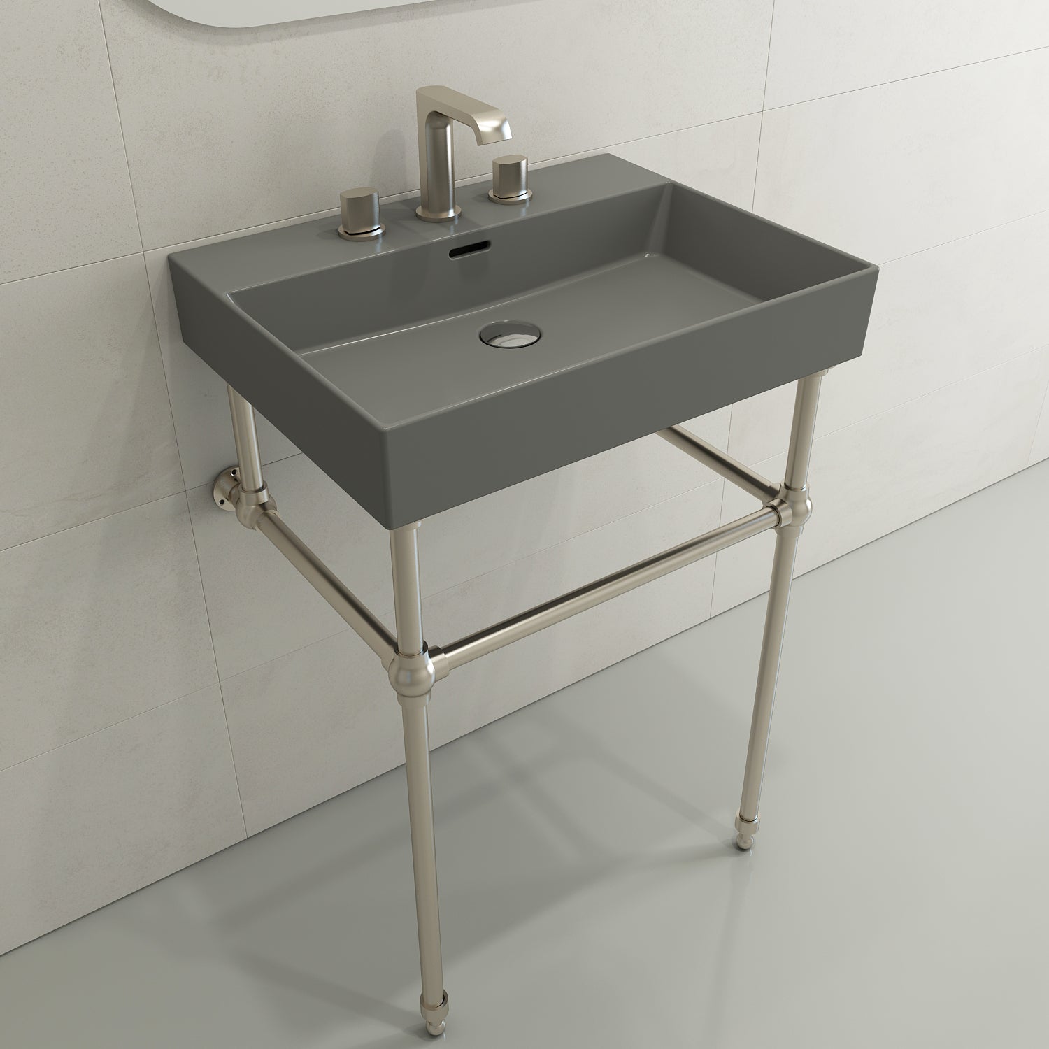 BOCCHI Milano 24" Rectangle Wallmount Fireclay Bathroom Sink, Matte Gray, 3 Faucet Hole, 1376-006-0127