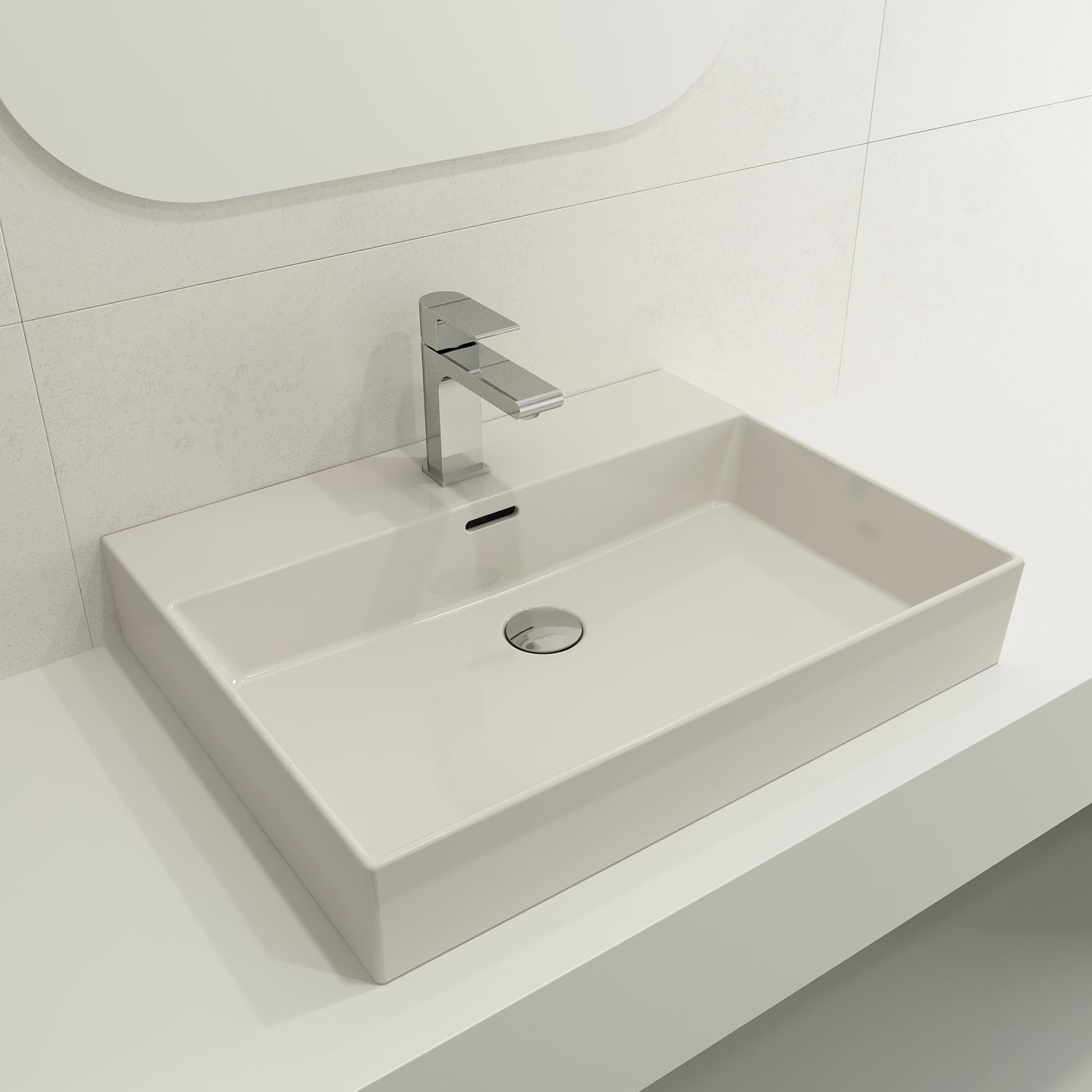 BOCCHI Milano 24" Rectangle Wallmount Fireclay Bathroom Sink, Biscuit, Single Faucet Hole, 1376-014-0126