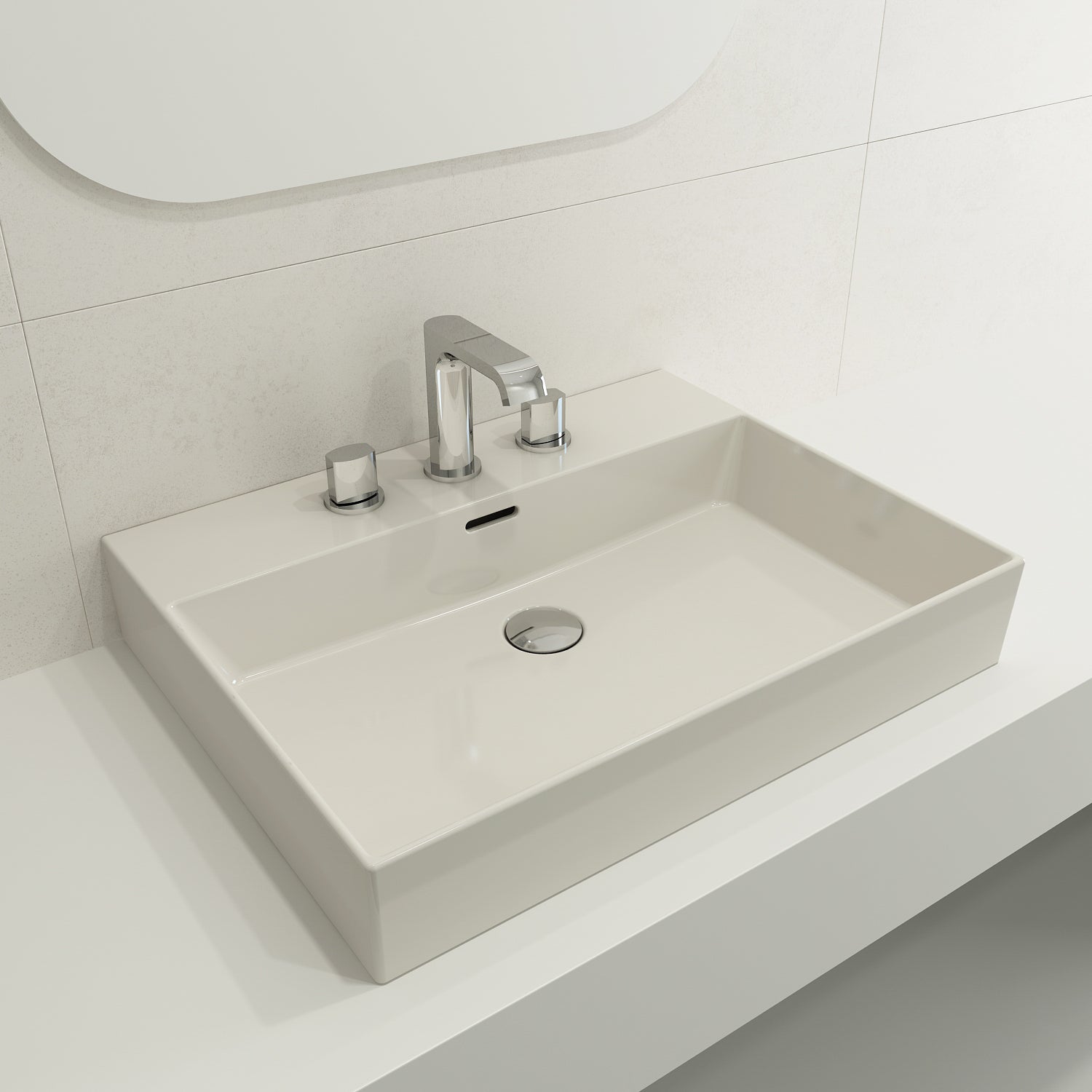 BOCCHI Milano 24" Rectangle Wallmount Fireclay Bathroom Sink, Biscuit, 3 Faucet Hole, 1376-014-0127