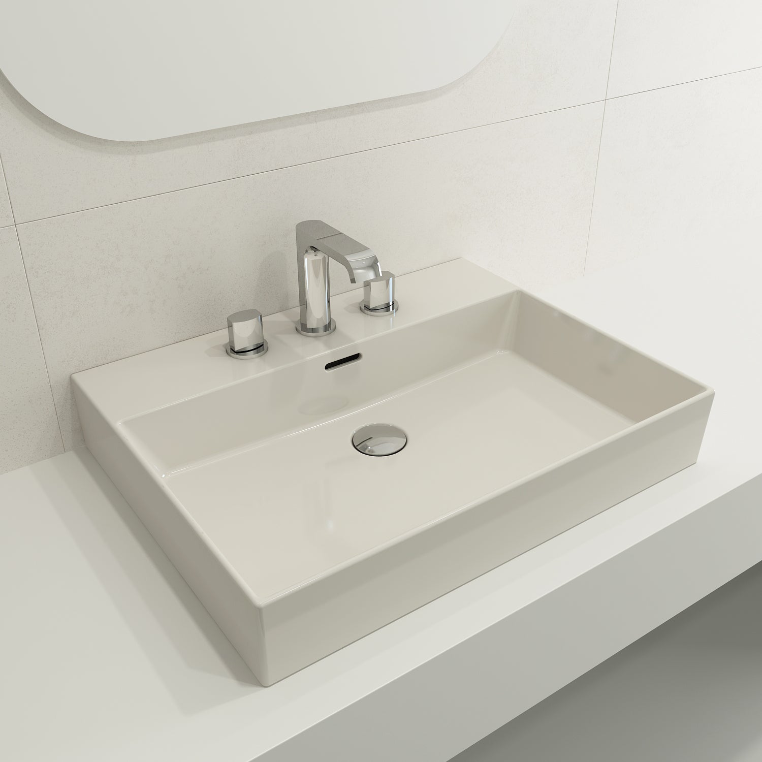 BOCCHI Milano 24" Rectangle Wallmount Fireclay Bathroom Sink, Biscuit, 3 Faucet Hole, 1376-014-0127