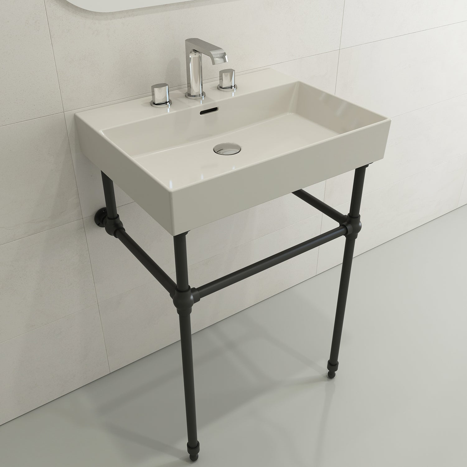 BOCCHI Milano 24" Rectangle Wallmount Fireclay Bathroom Sink, Biscuit, 3 Faucet Hole, 1376-014-0127