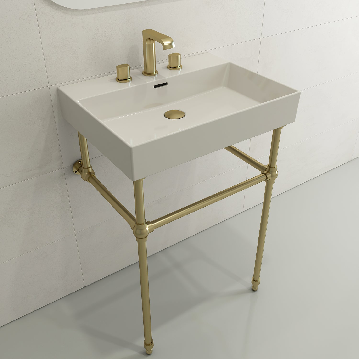 BOCCHI Milano 24" Rectangle Wallmount Fireclay Bathroom Sink, Biscuit, 3 Faucet Hole, 1376-014-0127