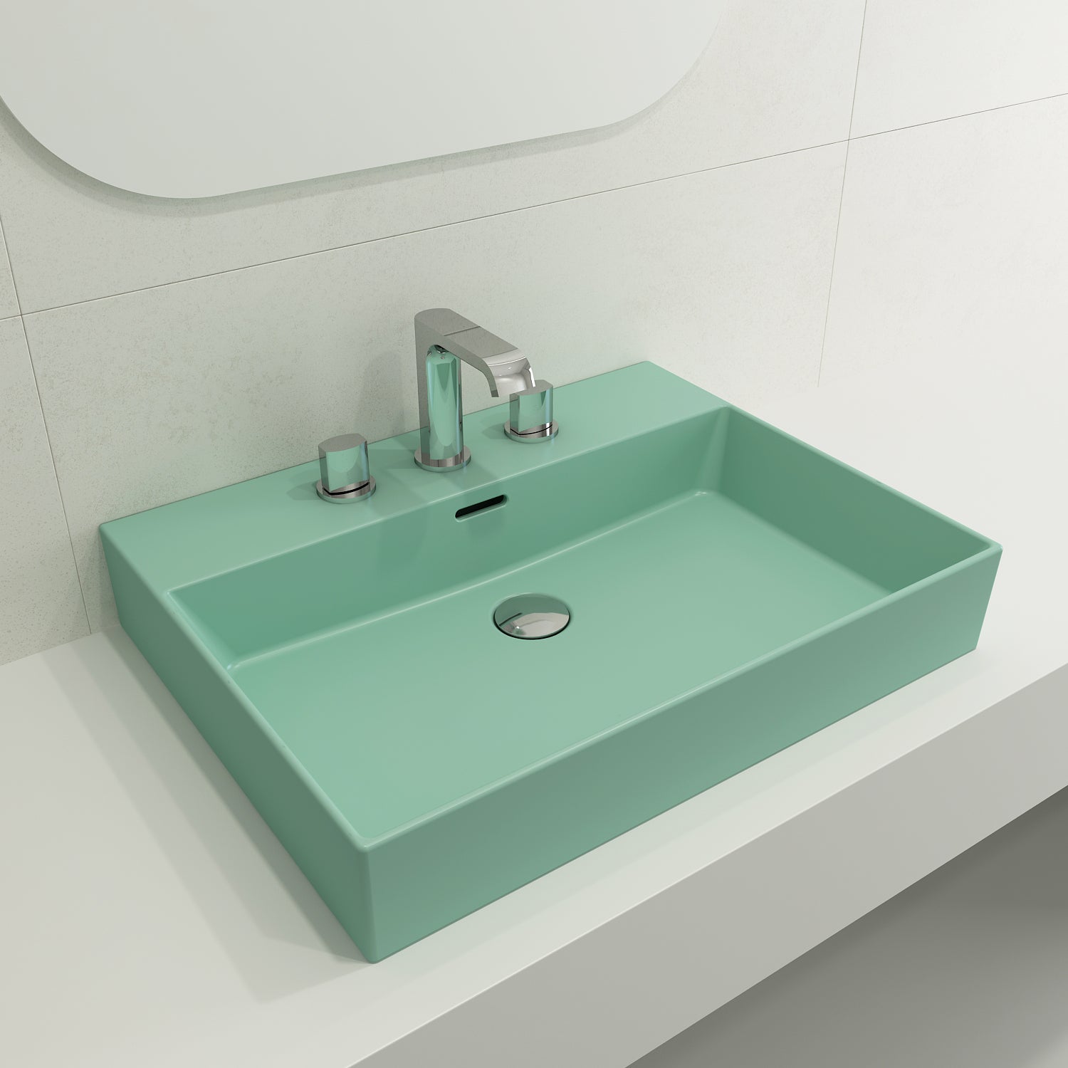 BOCCHI Milano 24" Rectangle Wallmount Fireclay Bathroom Sink, Matte Mint Green, 3 Faucet Hole, 1376-033-0127