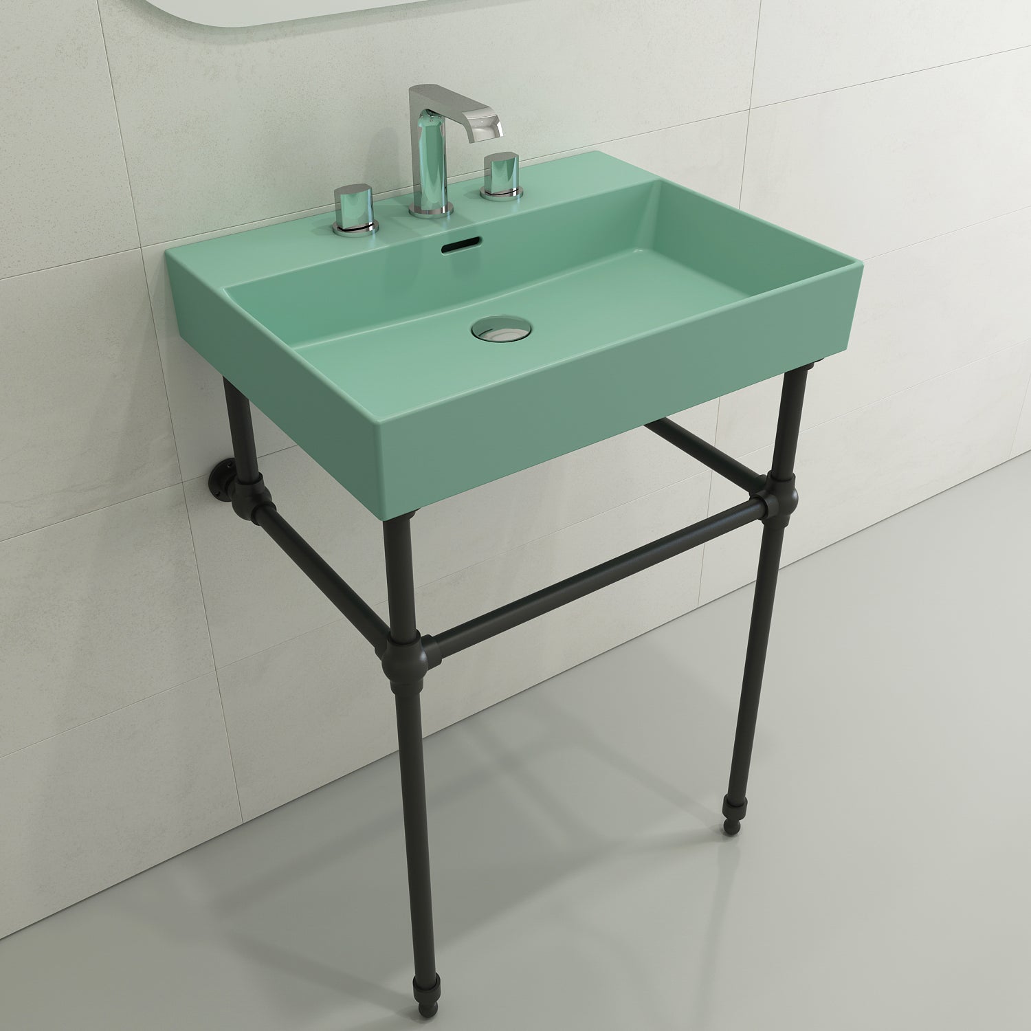BOCCHI Milano 24" Rectangle Wallmount Fireclay Bathroom Sink, Matte Mint Green, 3 Faucet Hole, 1376-033-0127