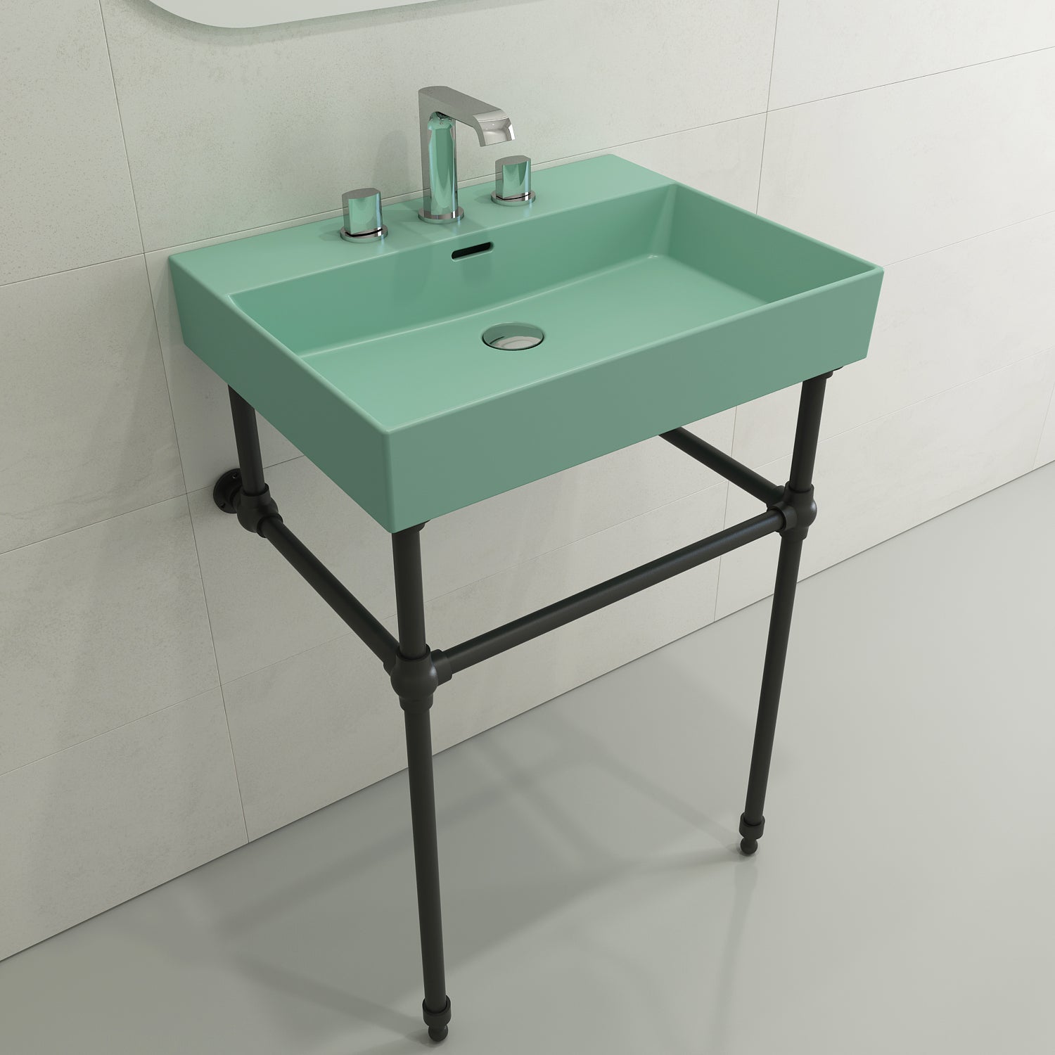 BOCCHI Milano 24" Rectangle Wallmount Fireclay Bathroom Sink, Matte Mint Green, 3 Faucet Hole, 1376-033-0127