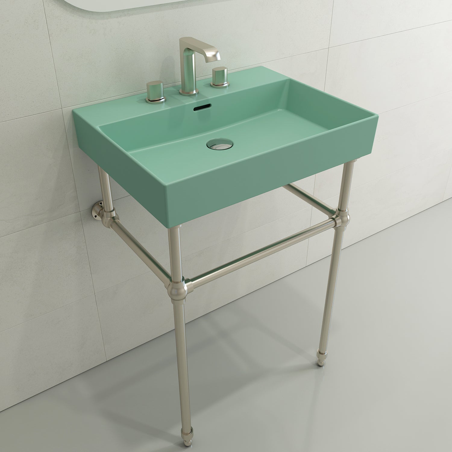 BOCCHI Milano 24" Rectangle Wallmount Fireclay Bathroom Sink, Matte Mint Green, 3 Faucet Hole, 1376-033-0127