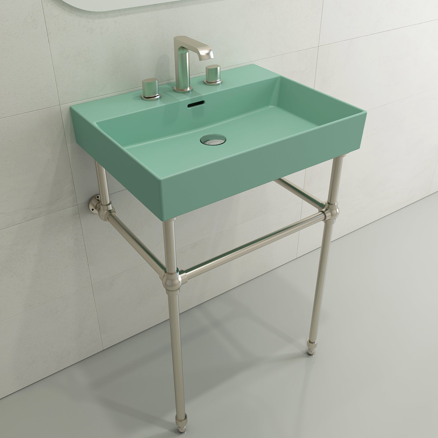 BOCCHI Milano 24" Rectangle Wallmount Fireclay Bathroom Sink, Matte Mint Green, 3 Faucet Hole, 1376-033-0127