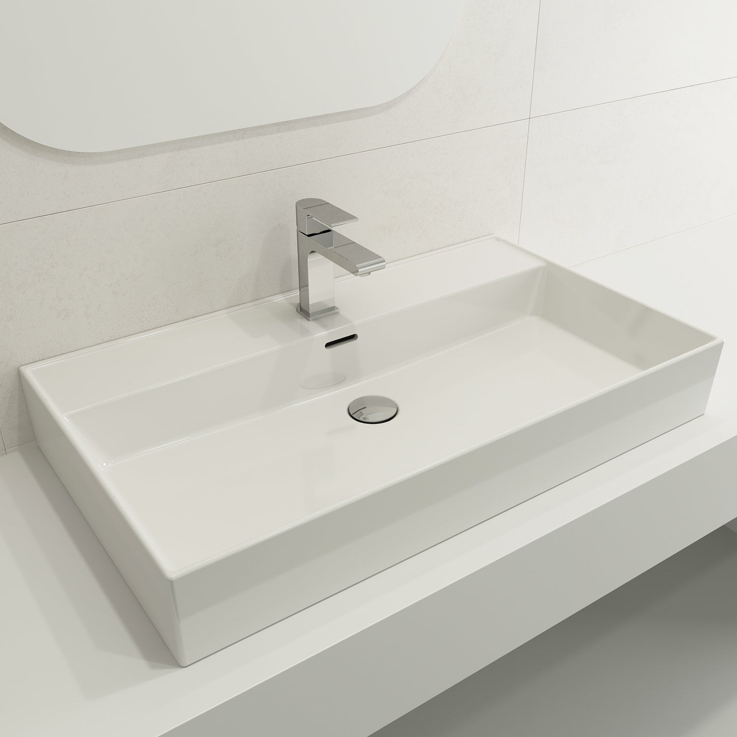 BOCCHI Milano 32" Rectangle Wallmount Fireclay Bathroom Sink, White, Single Faucet Hole, 1377-001-0126