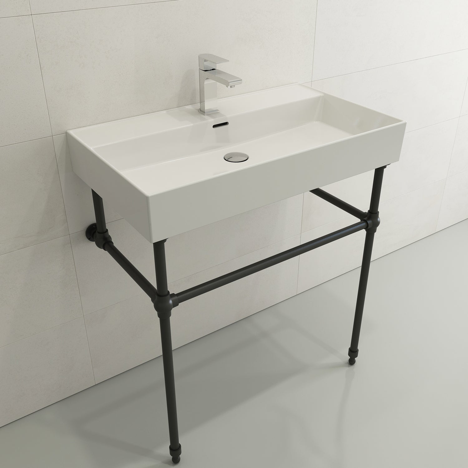 BOCCHI Milano 32" Rectangle Wallmount Fireclay Bathroom Sink, White, Single Faucet Hole, 1377-001-0126