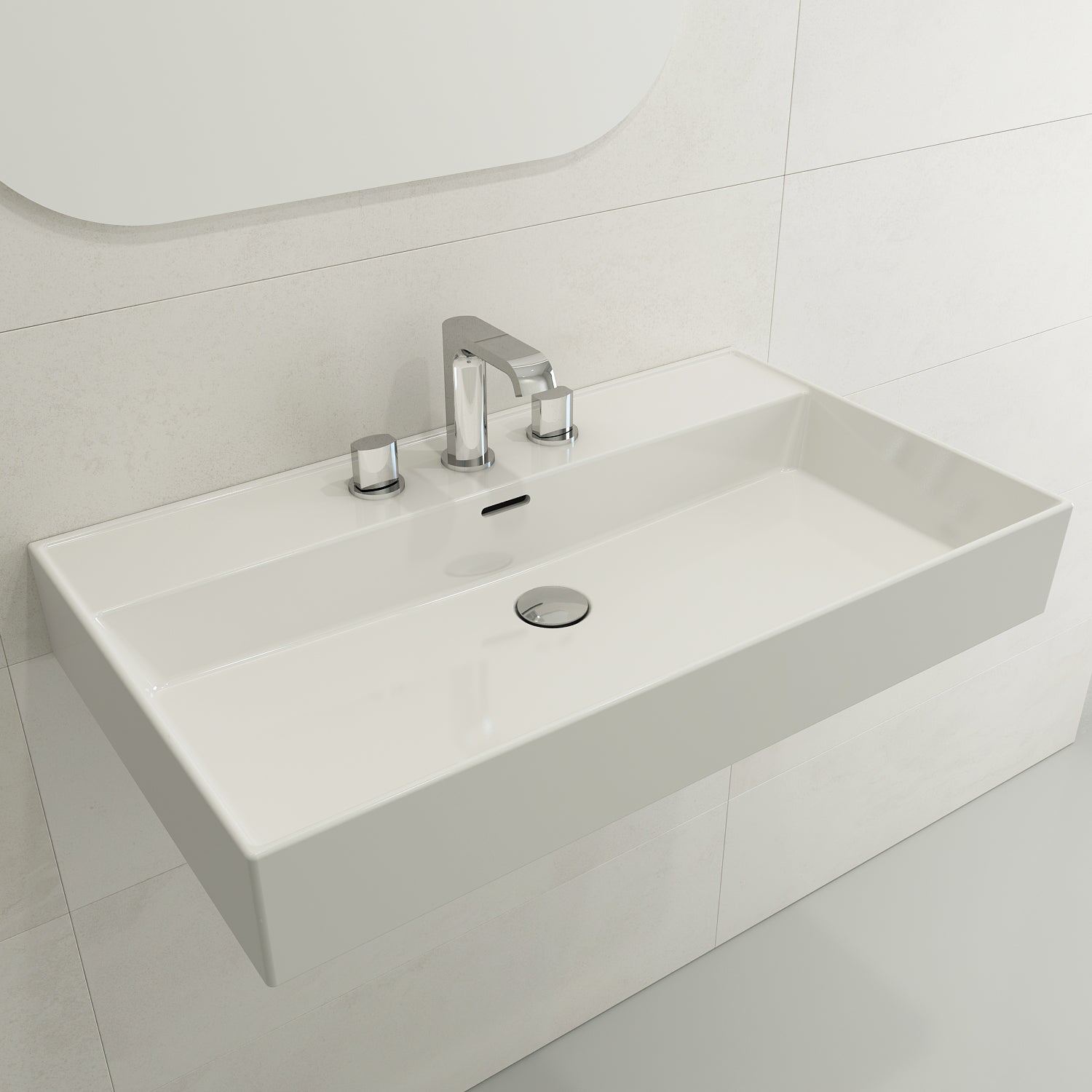 BOCCHI Milano 32" Rectangle Wallmount Fireclay Bathroom Sink, White, 3 Faucet Hole, 1377-001-0127