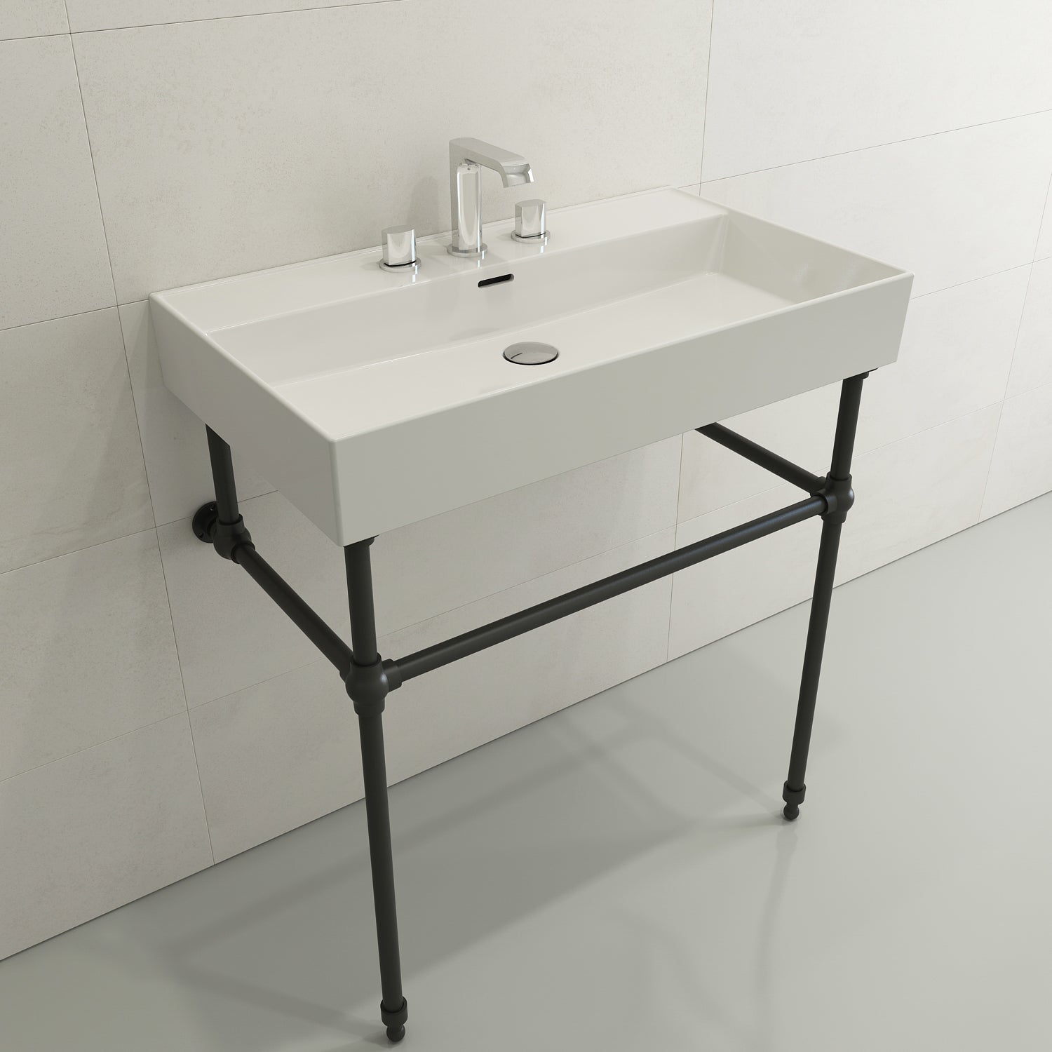BOCCHI Milano 32" Rectangle Wallmount Fireclay Bathroom Sink, White, 3 Faucet Hole, 1377-001-0127