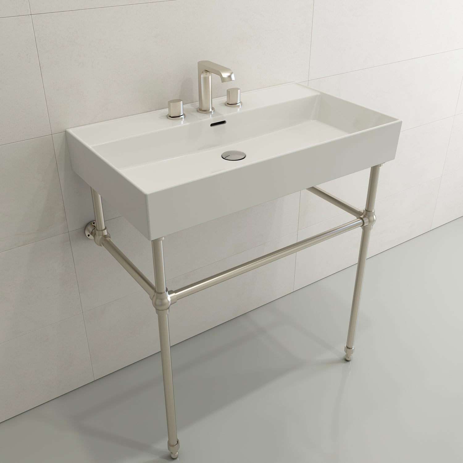 BOCCHI Milano 32" Rectangle Wallmount Fireclay Bathroom Sink, White, 3 Faucet Hole, 1377-001-0127