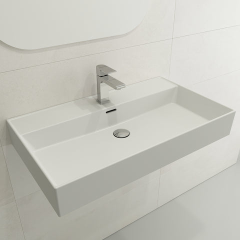 BOCCHI Milano 32" Rectangle Wallmount Fireclay Bathroom Sink, Matte White, Single Faucet Hole, 1377-002-0126