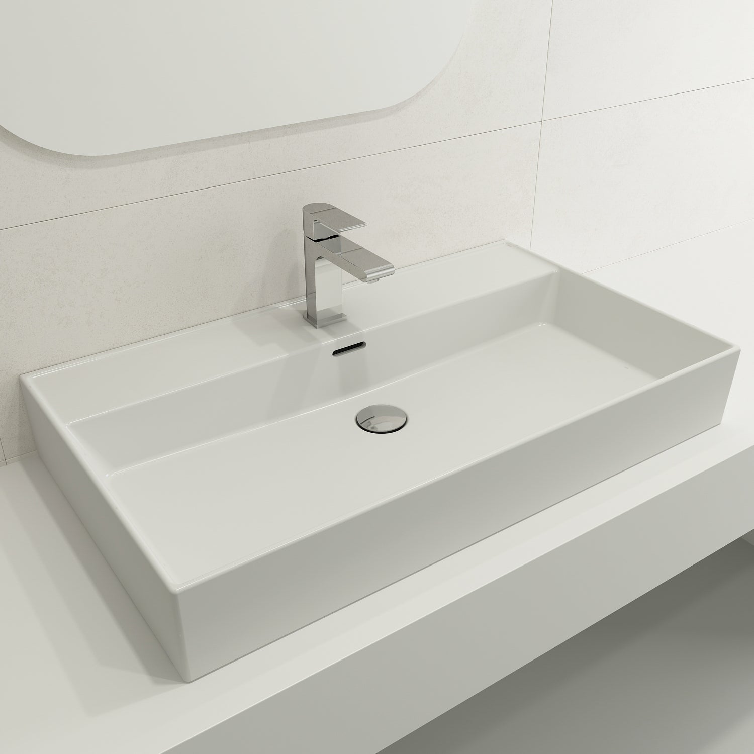 BOCCHI Milano 32" Rectangle Wallmount Fireclay Bathroom Sink, Matte White, Single Faucet Hole, 1377-002-0126