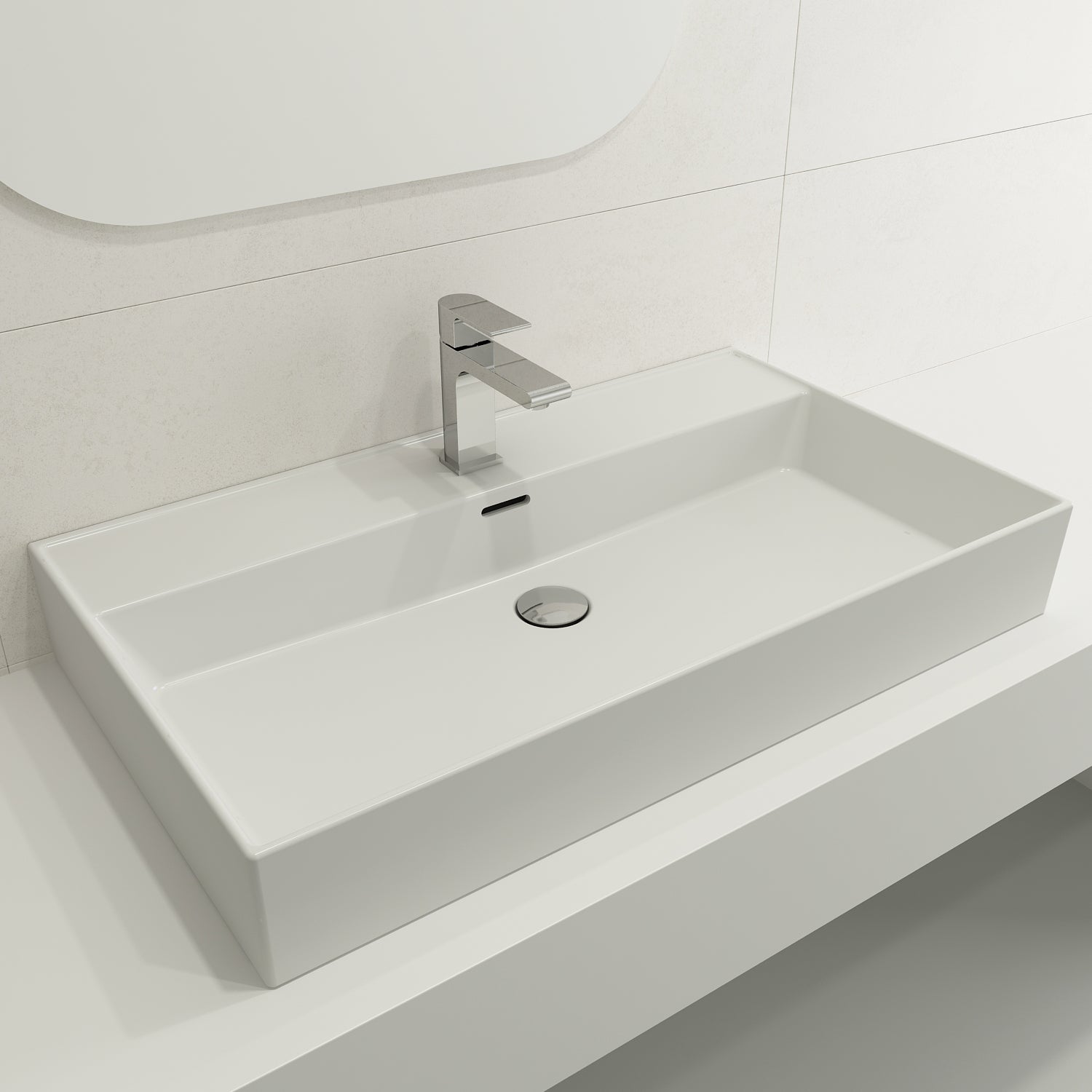 BOCCHI Milano 32" Rectangle Wallmount Fireclay Bathroom Sink, Matte White, Single Faucet Hole, 1377-002-0126