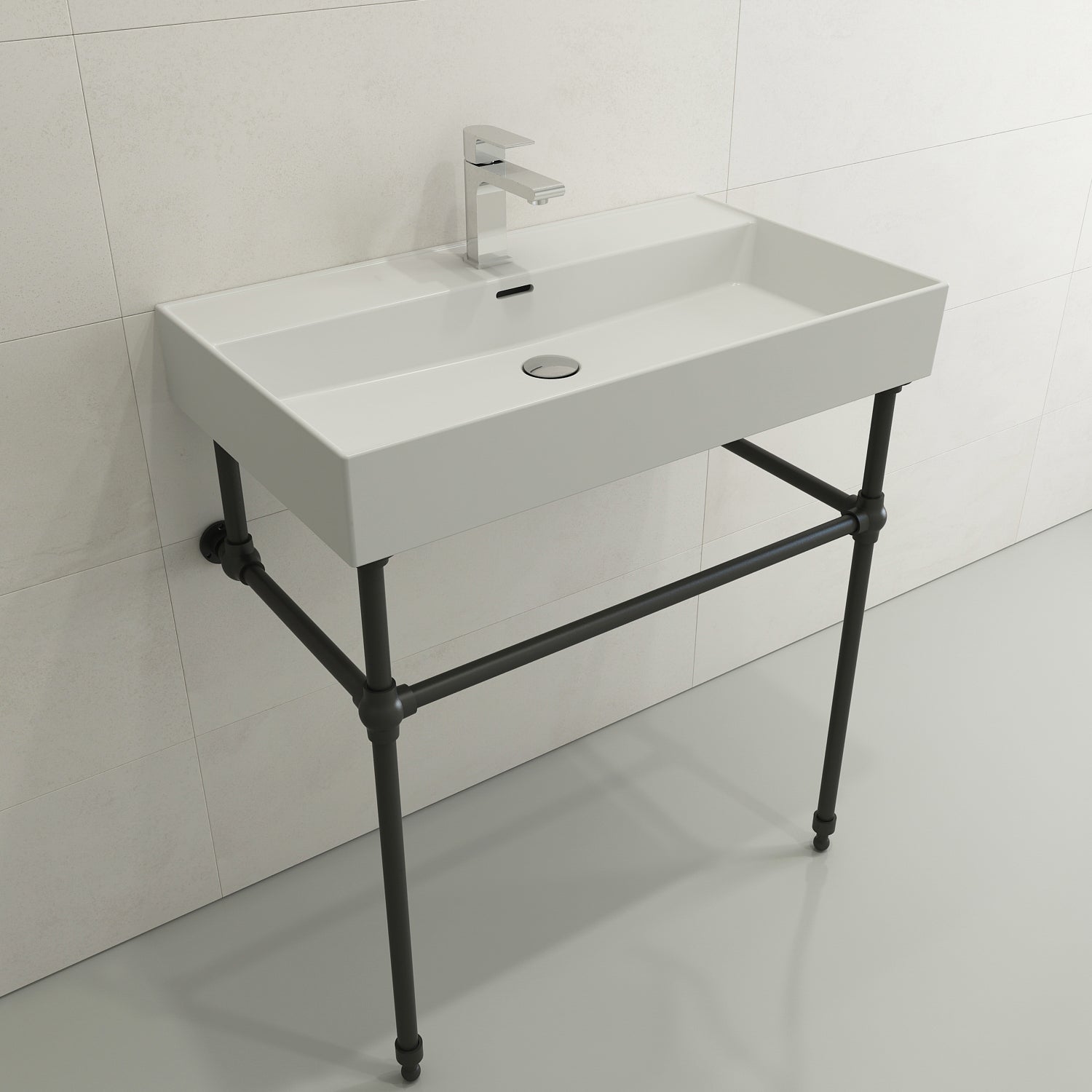 BOCCHI Milano 32" Rectangle Wallmount Fireclay Bathroom Sink, Matte White, Single Faucet Hole, 1377-002-0126