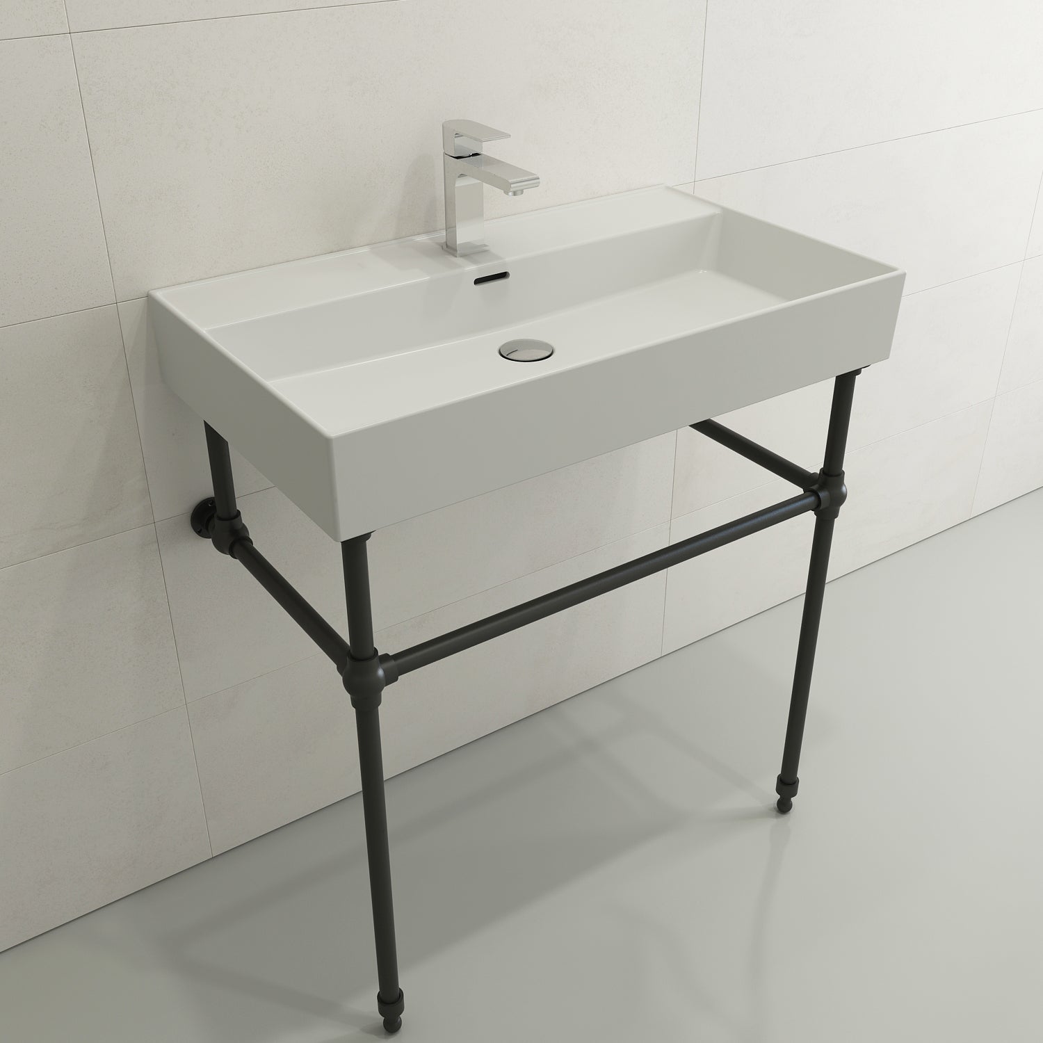 BOCCHI Milano 32" Rectangle Wallmount Fireclay Bathroom Sink, Matte White, Single Faucet Hole, 1377-002-0126