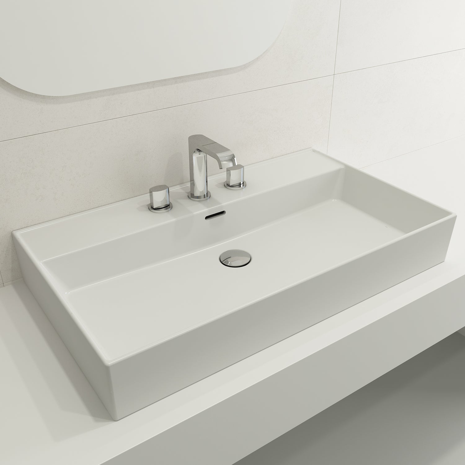 BOCCHI Milano 32" Rectangle Wallmount Fireclay Bathroom Sink, Matte White, 3 Faucet Hole, 1377-002-0127