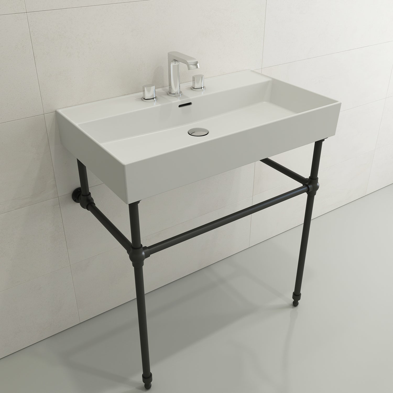 BOCCHI Milano 32" Rectangle Wallmount Fireclay Bathroom Sink, Matte White, 3 Faucet Hole, 1377-002-0127