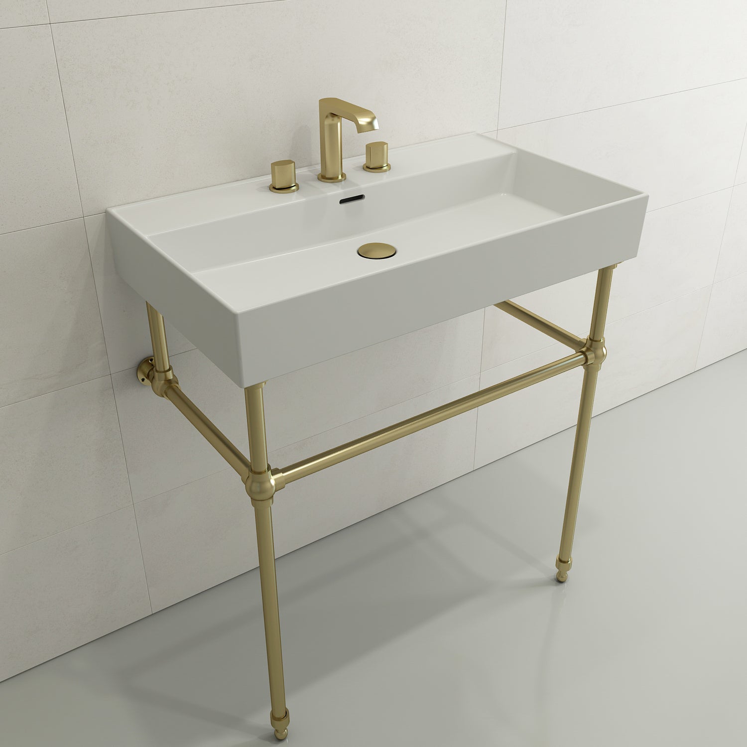 BOCCHI Milano 32" Rectangle Wallmount Fireclay Bathroom Sink, Matte White, 3 Faucet Hole, 1377-002-0127