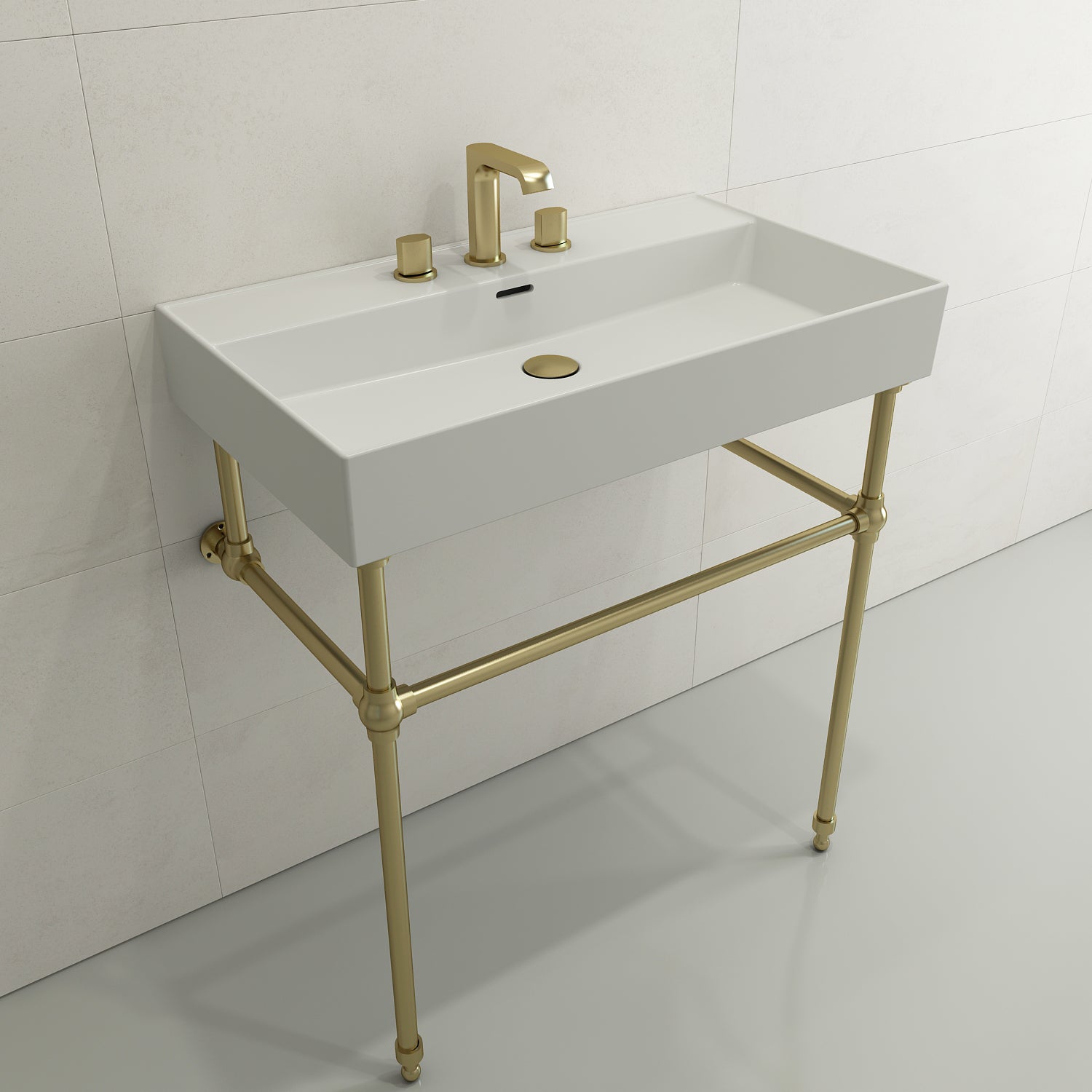 BOCCHI Milano 32" Rectangle Wallmount Fireclay Bathroom Sink, Matte White, 3 Faucet Hole, 1377-002-0127