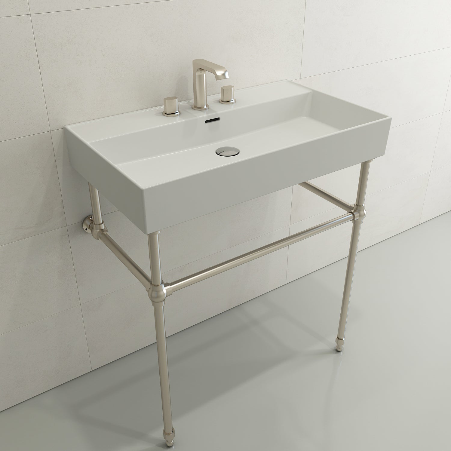 BOCCHI Milano 32" Rectangle Wallmount Fireclay Bathroom Sink, Matte White, 3 Faucet Hole, 1377-002-0127