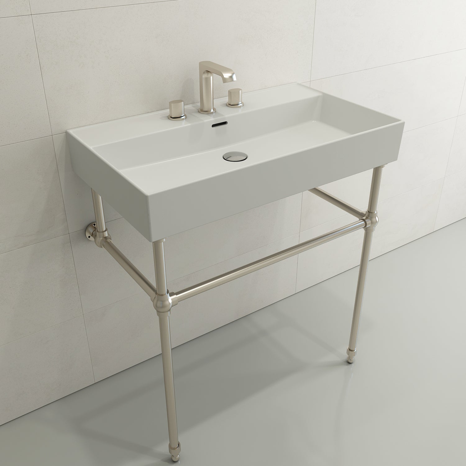 BOCCHI Milano 32" Rectangle Wallmount Fireclay Bathroom Sink, Matte White, 3 Faucet Hole, 1377-002-0127
