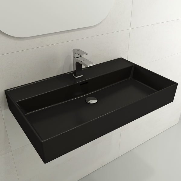 BOCCHI Milano 32" Rectangle Wallmount Fireclay Bathroom Sink, Matte Black, Single Faucet Hole, 1377-004-0126