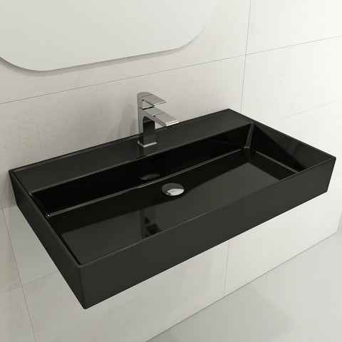 BOCCHI Milano 32" Rectangle Wallmount Fireclay Bathroom Sink, Black, Single Faucet Hole, 1377-005-0126