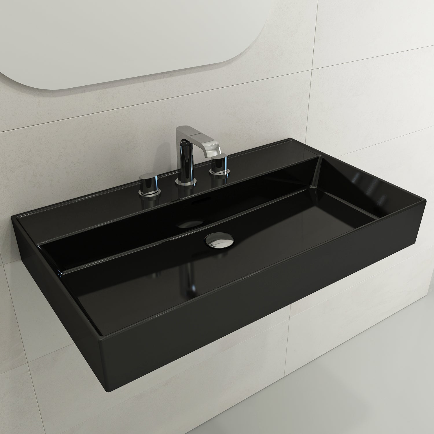 BOCCHI Milano 32" Rectangle Wallmount Fireclay Bathroom Sink, Black, 3 Faucet Hole, 1377-005-0127