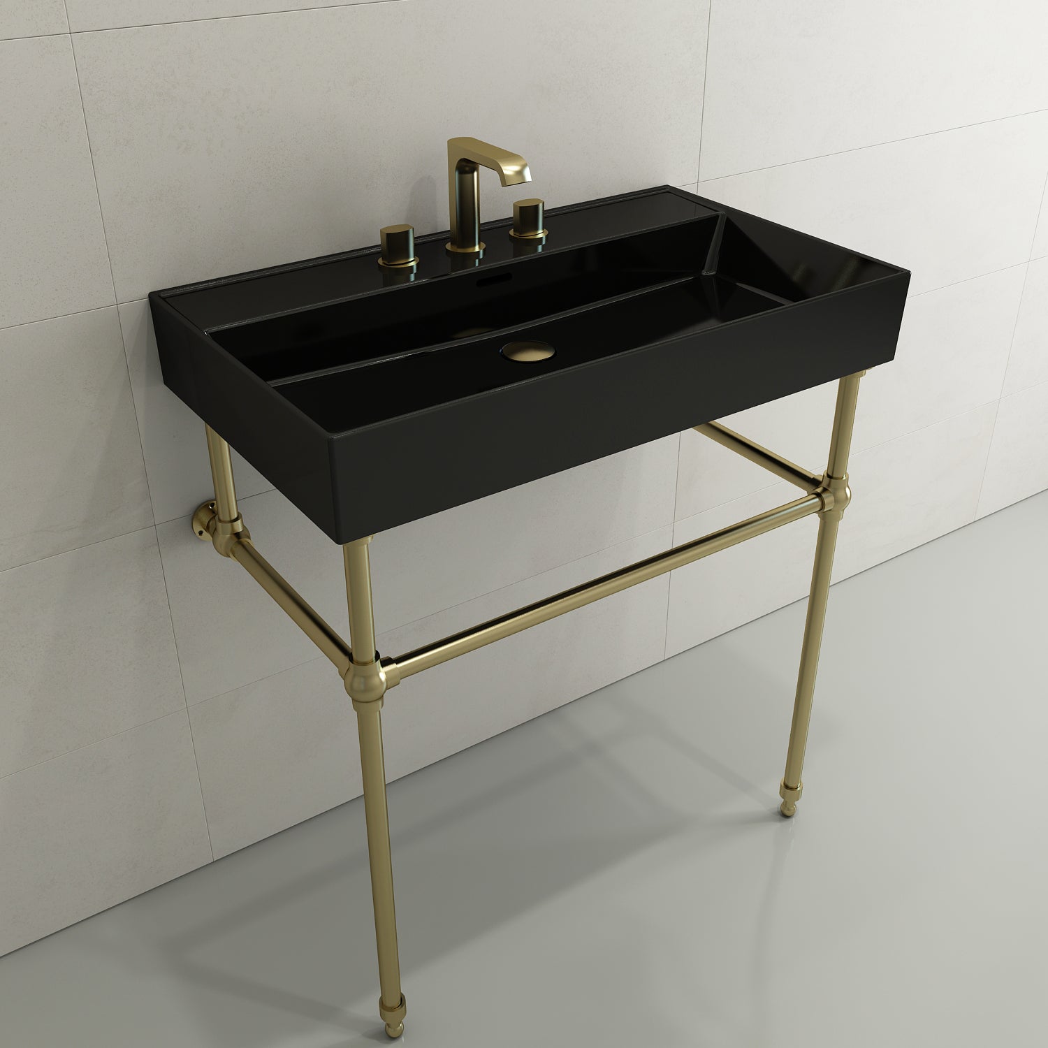BOCCHI Milano 32" Rectangle Wallmount Fireclay Bathroom Sink, Black, 3 Faucet Hole, 1377-005-0127