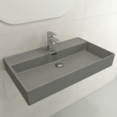 BOCCHI Milano 32" Rectangle Wallmount Fireclay Bathroom Sink, Matte Gray, Single Faucet Hole, 1377-006-0126