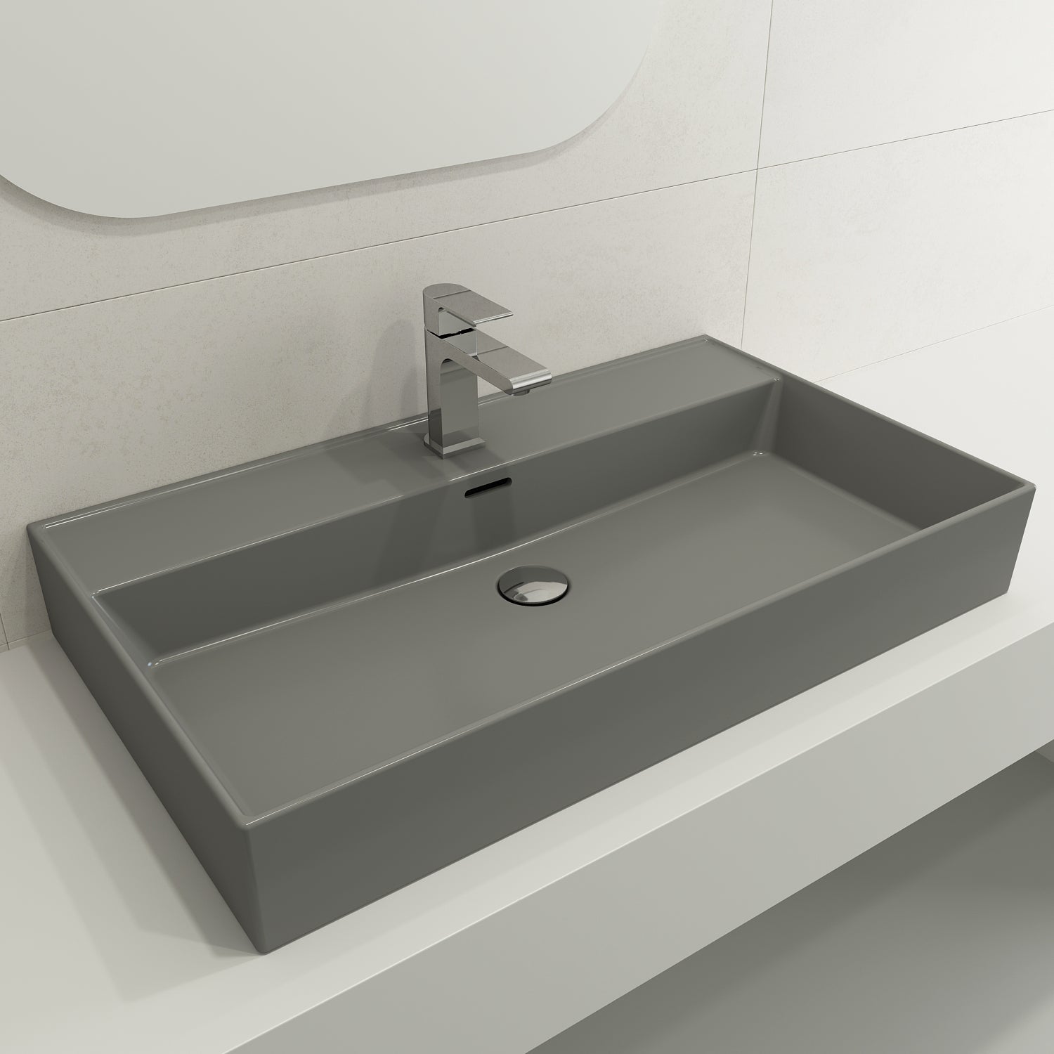 BOCCHI Milano 32" Rectangle Wallmount Fireclay Bathroom Sink, Matte Gray, Single Faucet Hole, 1377-006-0126