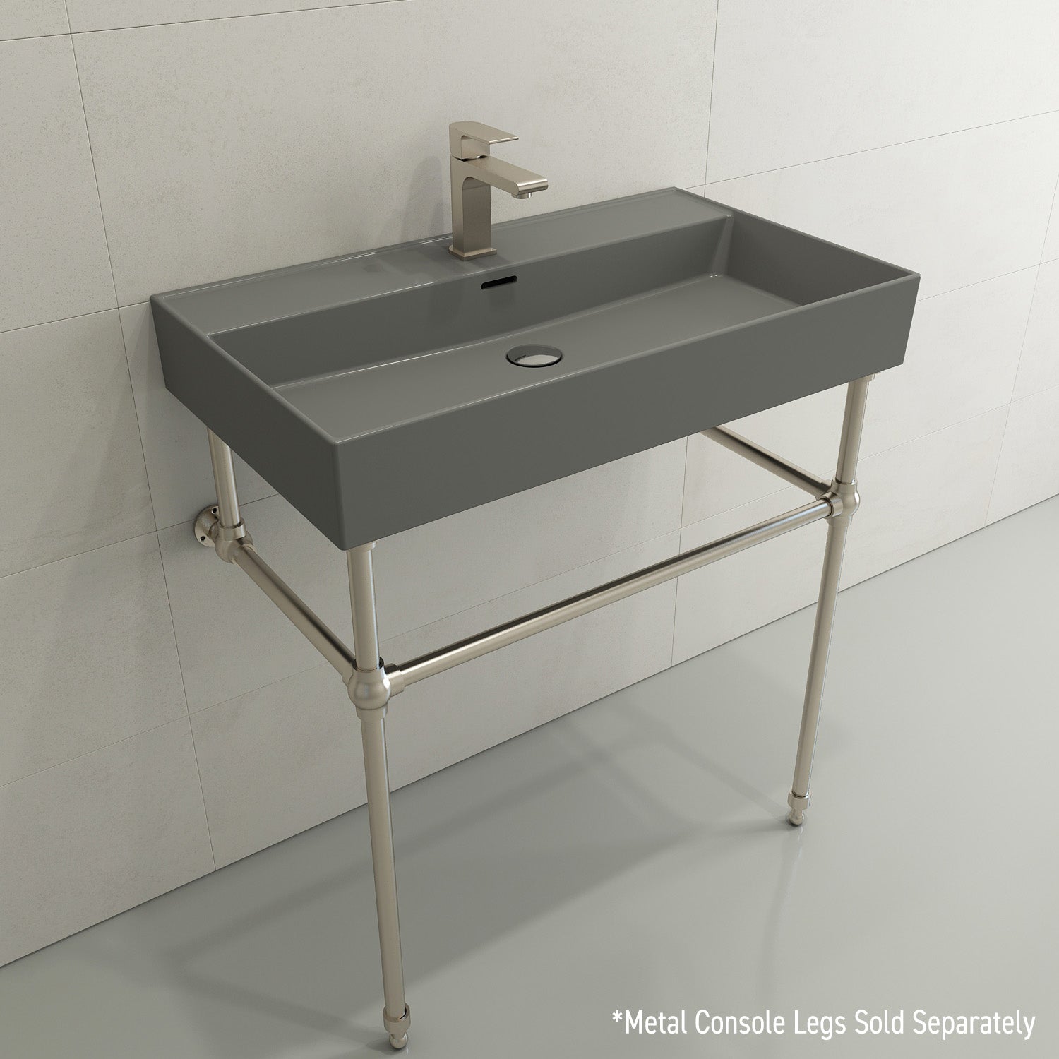BOCCHI Milano 32" Rectangle Wallmount Fireclay Bathroom Sink, Matte Gray, Single Faucet Hole, 1377-006-0126