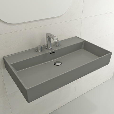 BOCCHI Milano 32" Rectangle Wallmount Fireclay Bathroom Sink, Matte Gray, 3 Faucet Hole, 1377-006-0127
