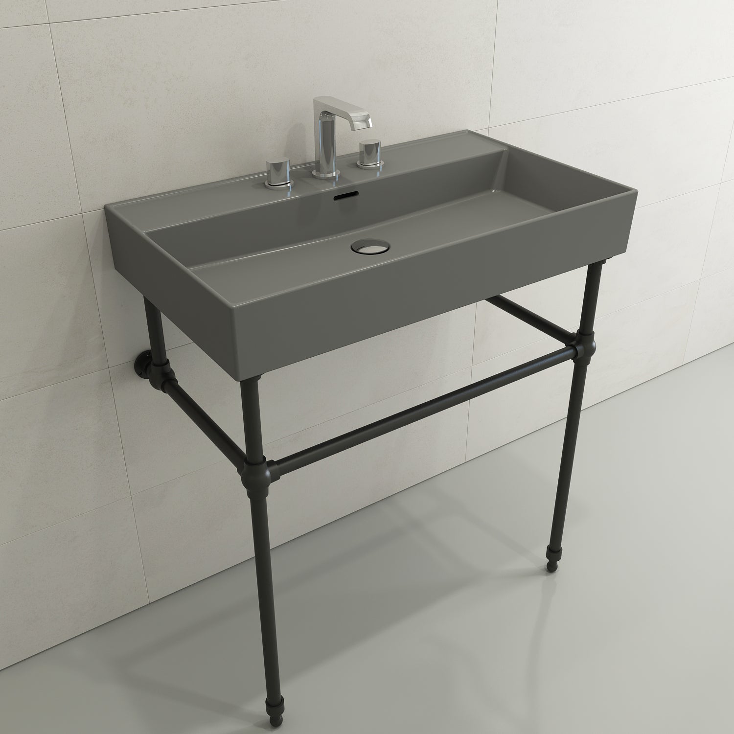 BOCCHI Milano 32" Rectangle Wallmount Fireclay Bathroom Sink, Matte Gray, 3 Faucet Hole, 1377-006-0127