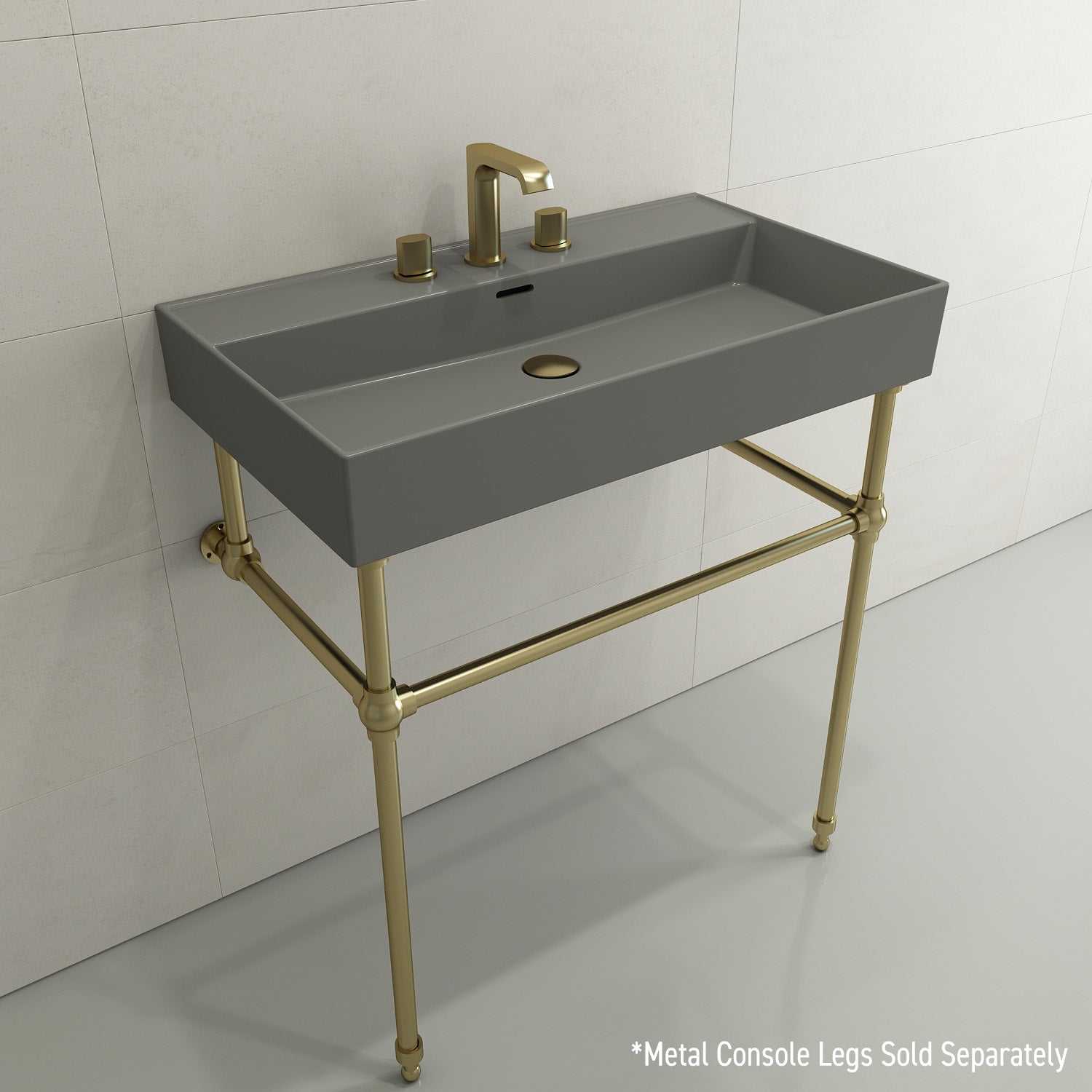 BOCCHI Milano 32" Rectangle Wallmount Fireclay Bathroom Sink, Matte Gray, 3 Faucet Hole, 1377-006-0127