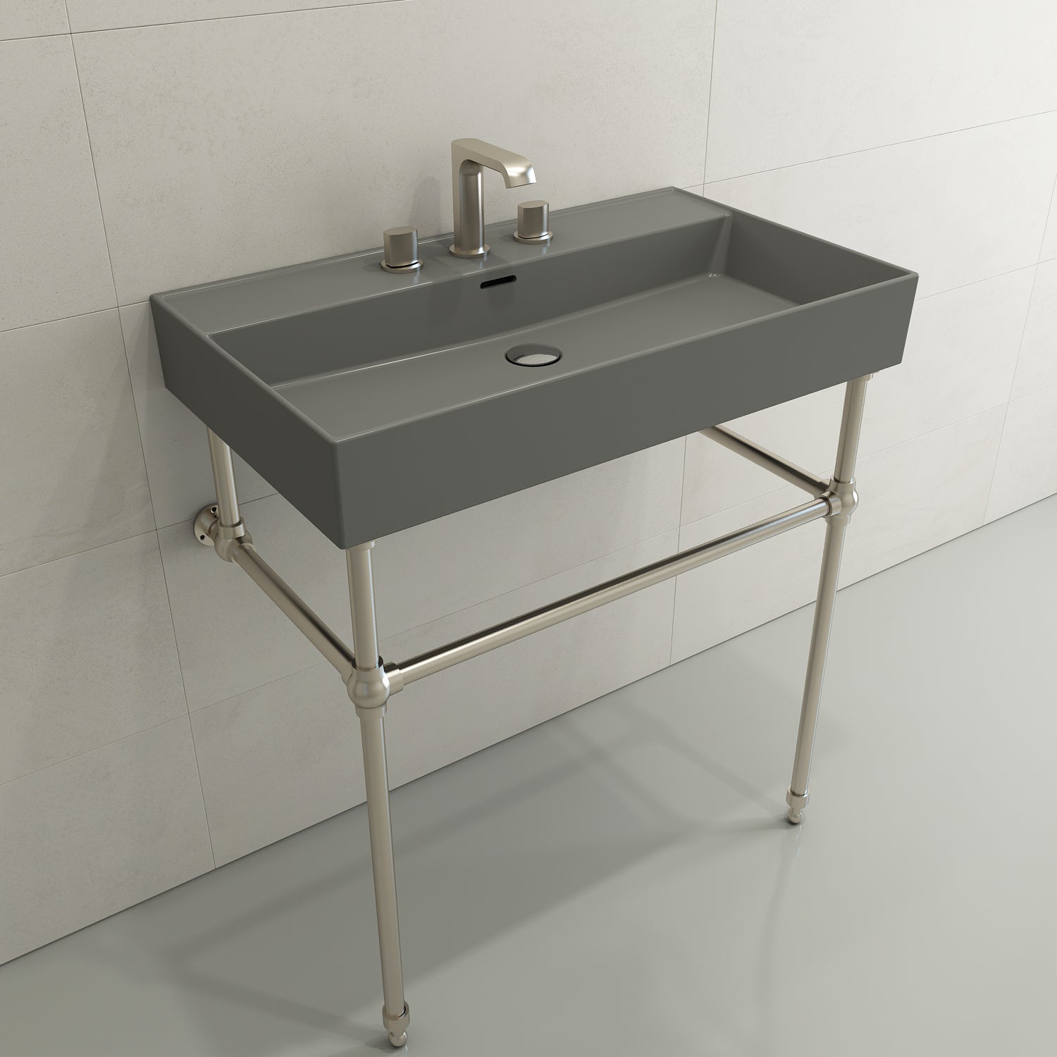 BOCCHI Milano 32" Rectangle Wallmount Fireclay Bathroom Sink, Matte Gray, 3 Faucet Hole, 1377-006-0127