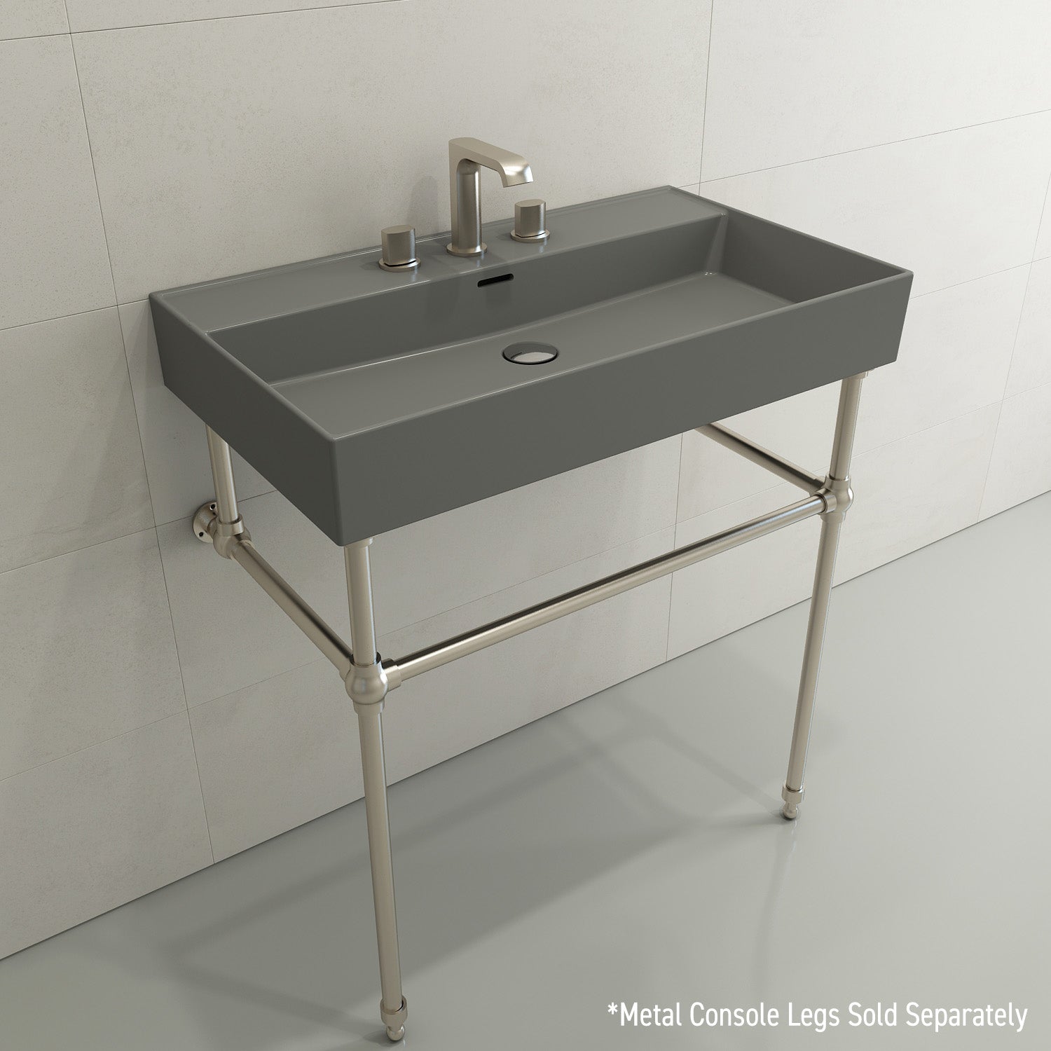 BOCCHI Milano 32" Rectangle Wallmount Fireclay Bathroom Sink, Matte Gray, 3 Faucet Hole, 1377-006-0127